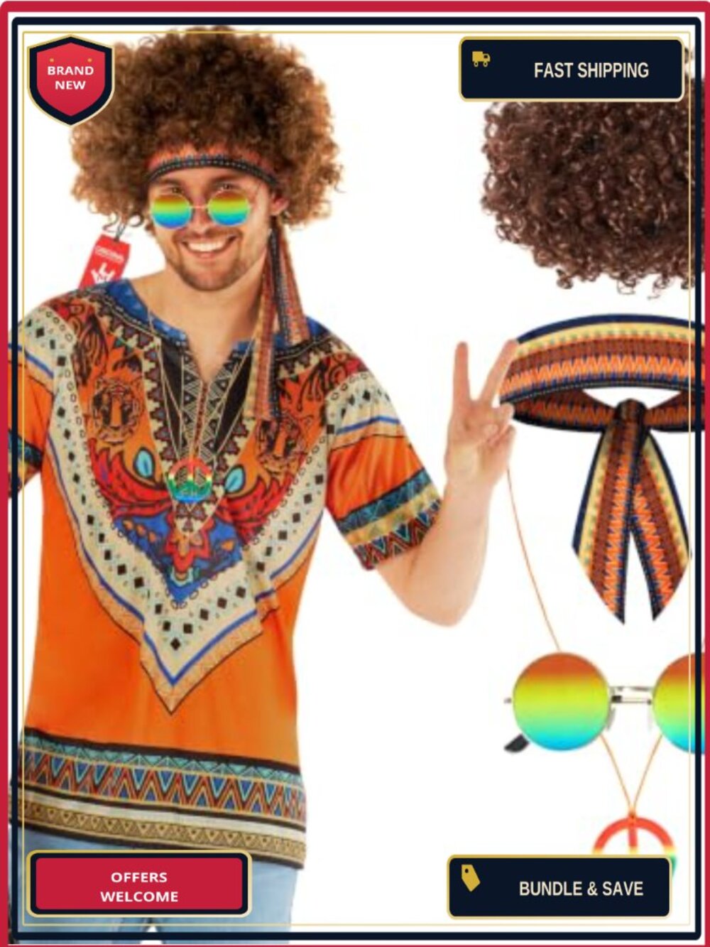 Mens Hippie Costume Set Retro Shirt Wig Head Tie Necklace Sunglasses